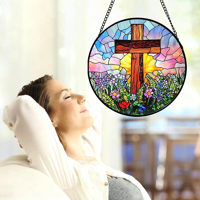 Christian Gifts for Women - Cross Stained Glass Window Hanging Jesus Easter Colorful Wildflowers Sun Catcher Garden Religion Decor Mother's Day Catholic Gift for Men Grandma Mom Her 7.8"
