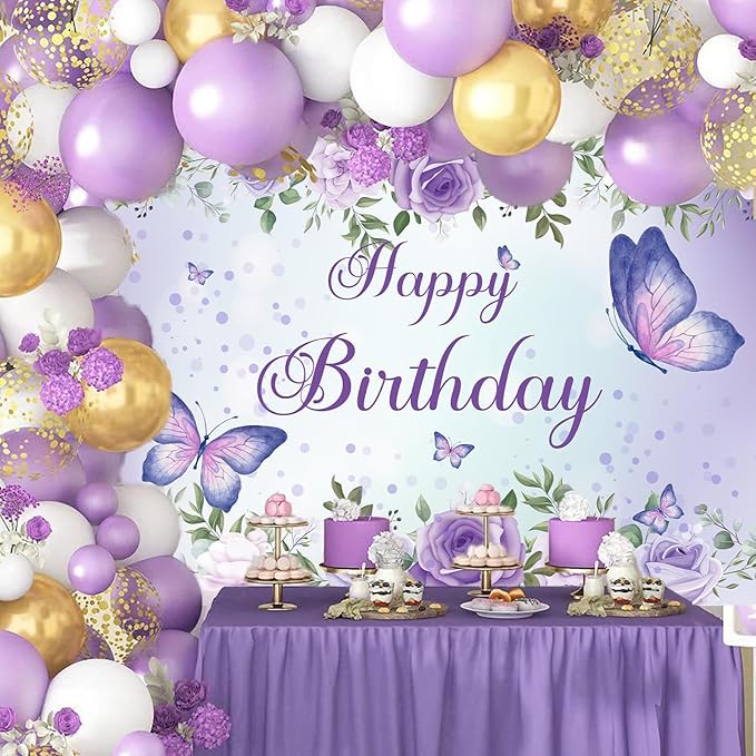 5x4Ft Purple Butterfly Birthday Banner Backdrop for Women Girl Purple Happy Birthday Backdrop Banner Rose Flowers Butterfly Decortions for Girl 's Party 59×47 inch