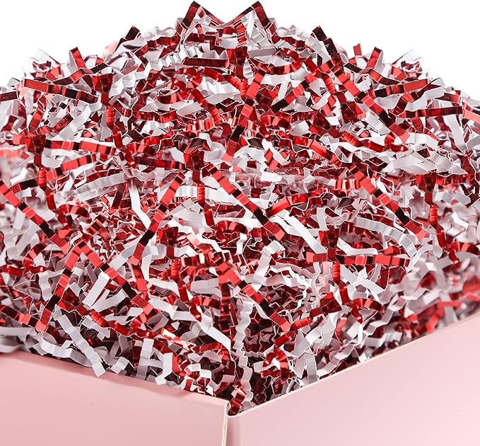 UNIQOOO 1/2 LB Metallic Red White Crinkle Cut Paper, Candy Cane Shredded Filler, Christmas Peppermint Zig Fill Raffia Tissue, Strands Shred Craft Bedding Cushion,Wedding Birthday Gift Boxes Bag Retail