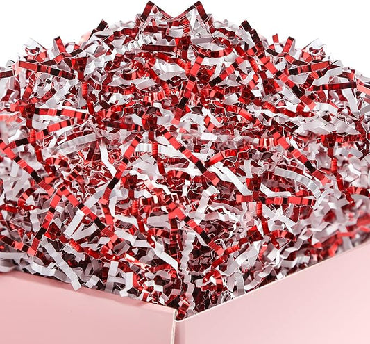 UNIQOOO 1/2 LB Metallic Red White Crinkle Cut Paper, Candy Cane Shredded Filler, Christmas Peppermint Zig Fill Raffia Tissue, Strands Shred Craft Bedding Cushion,Wedding Birthday Gift Boxes Bag Retail