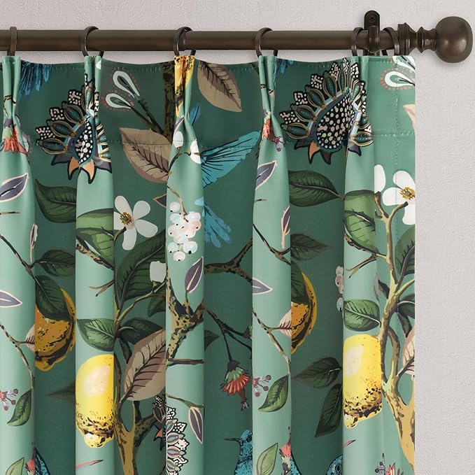 Sage Green Printed Pattern Curtains 96 Inches Long for Living Room,Farmhouse Floral Vintage Art Deco Drapes,Pinch Pleated Blackout Hummingbird Lemon Patterned Window Treatment for Bedroom 2 Panels