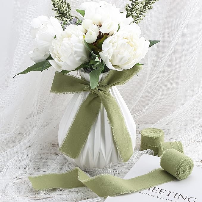Keypan Green Ribbon 1-1/2 x 15 Yards Handmade Cotton Frayed Fringe Fabric Ribbons for Crafts Flower Bouquets Wedding Baby Shower Home DIY Decor