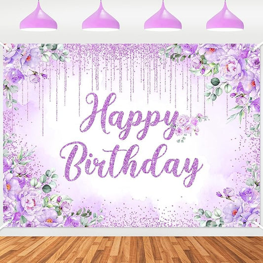 Avezano Happy Birthday Backdrop Banner for Girls Women Happy Birthday Party Decorations Floral Glitters Bday Banner Party Supplies (Purple, 7x5ft)