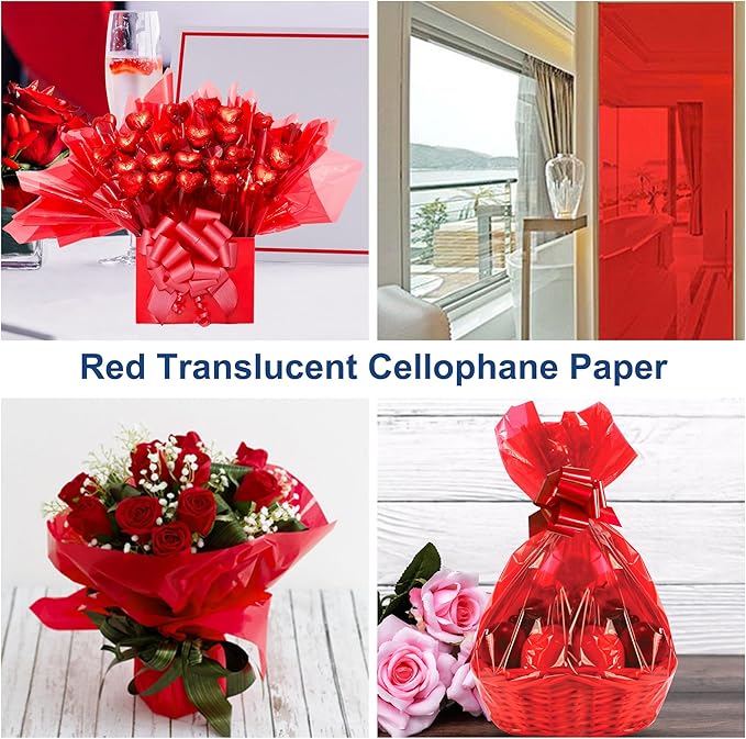 POPGIFTU Cellophane Wrap Roll Red(34 in x 100 ft)- 3 Mil Thicken Translucent Red Cellophane Roll, Large Colorful Cello Wrapping Paper for Gift Basket Treats Wrap DIY Arts Crafts Decoration