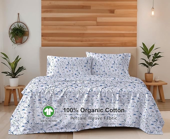 RUVANTI 100% Organic Cotton Sheets Twin Size, Percale Weave, GOTS Certified, 3-Piece Set, Deep Pocket 15", Crisp & Breathable, Soft Durable Bedding, Sábanas Algodón Orgánico – Daisy Bud