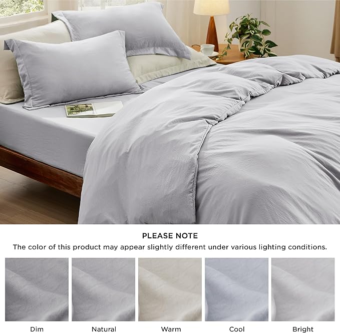 Bedsure Duvet Cover Queen Size with Fitted Sheet - 4 Pieces Prewashed Cotton-Like Extra Soft Bedding Set, Includes 1 Duvet Cover 90x90 Inches, 2 Pillow Shams, 1 Fitted Sheet, Light Grey