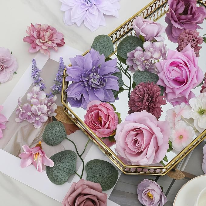 Senseya Artificial Flowers Combo Box for Decoration,Silk Mix Fake Flowers with Stems DIY Wedding Bouquets,Artificial Flowers Bulk Box Set Home Cake Decor