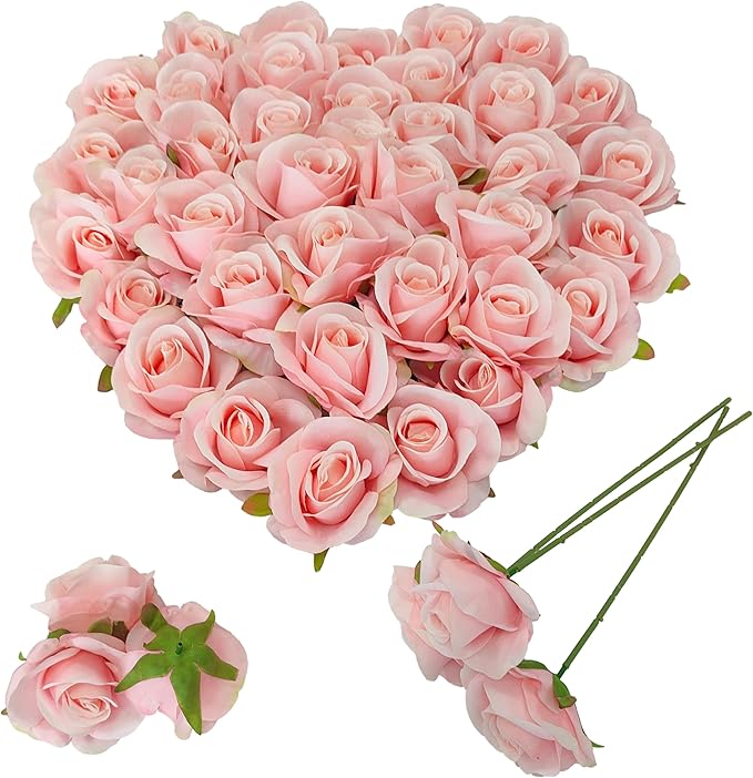 Artificial Satin Rose Flower Heads,42 Pcs Silk Rose Heads with Stems,3.5'' Rose Artificial Flowers Bulk,Artificial Rose Flower Heads for DIY Crafts Bouquet (42, Light Pink)