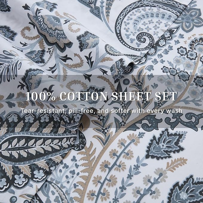 100% Cotton Sheet Set King Size – 4-Piece Luxury Grey Paisley Bedding Set, Extra Soft Breathable Percale Weave, Deep Pocket Fitted Sheet 17.5", Crisp Cool Feel Bed Sheet