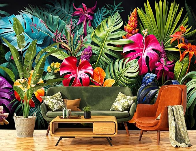 Tropical Botanical Leaf Wallpaper Colorful Jungle Palm Leaves Wall Mural for Living Room Bedroom（Not Peel and Stick）