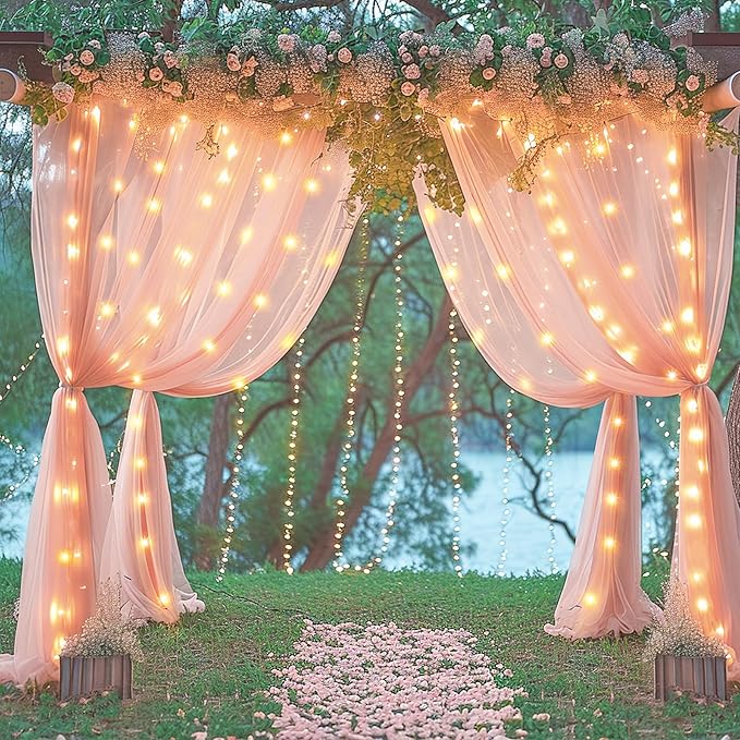30x10ft Peach Tulle Backdrop Curtain with Lights String for Parites, Sheer Backdrop Curtains for Wedding Baby Shower Birthday Party Photo Shoot Decorations