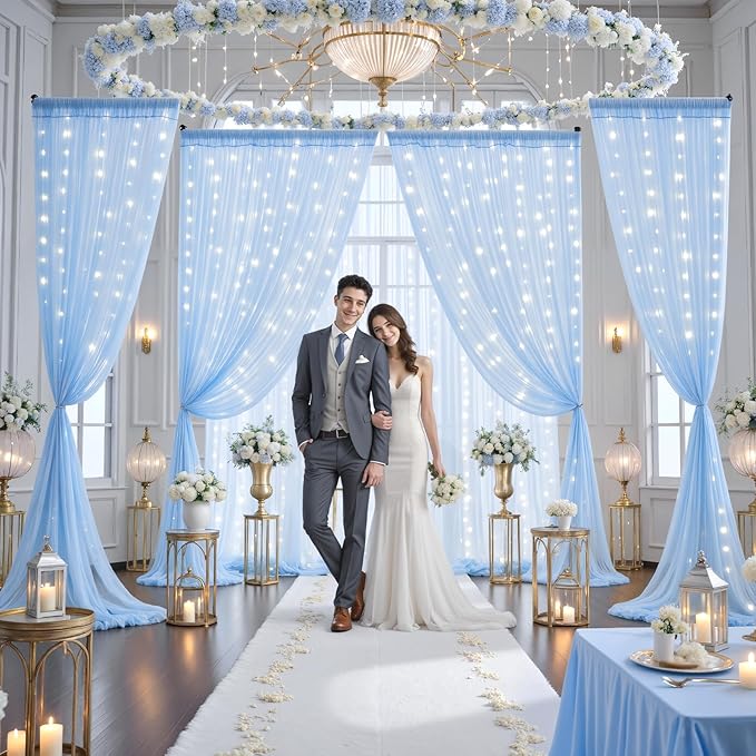 10ft x 8ft Baby Blue Tulle Photo Backdrop Curtain with Lights String for Parties Wedding Sheer Blue Curtain Backdrop for Birthday Party Baby Shower Boy Photo Booth Photography Background Decorations