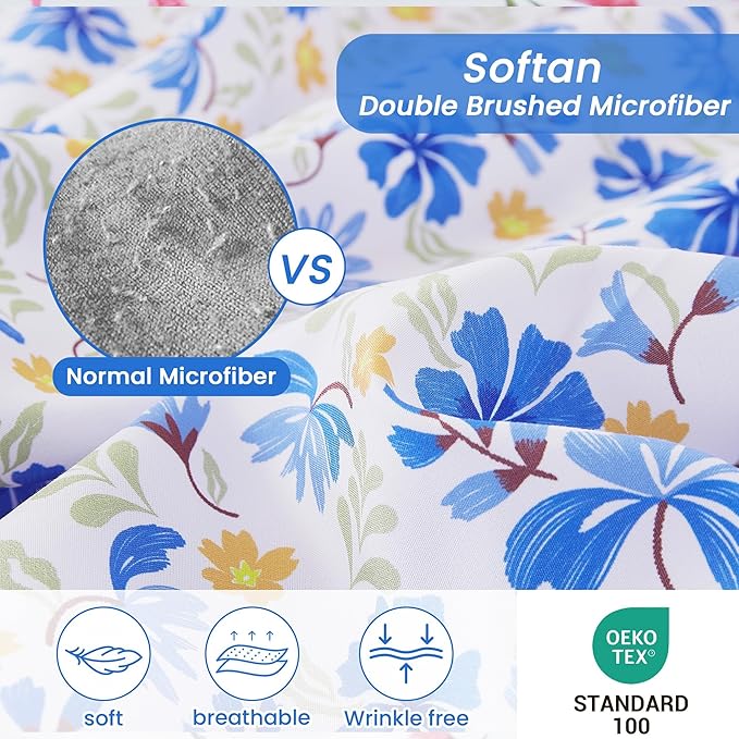 Softan Vintage Blue Floral Full Bed Sheets, Cozy Microfiber Flower Printed Sheets with 15" Deep Pocket Fitted Sheet & Non-Slip Straps, Patterned Floral in Blue & Amber Sheets & Pillowcase Set