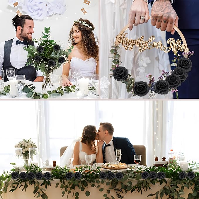 200PCS Black Artificial Flowers Roses Real Looking Foam Fake Roses with Leaves for DIY Wedding Bouquets Bridal Shower Party Decorations (Black, 200)