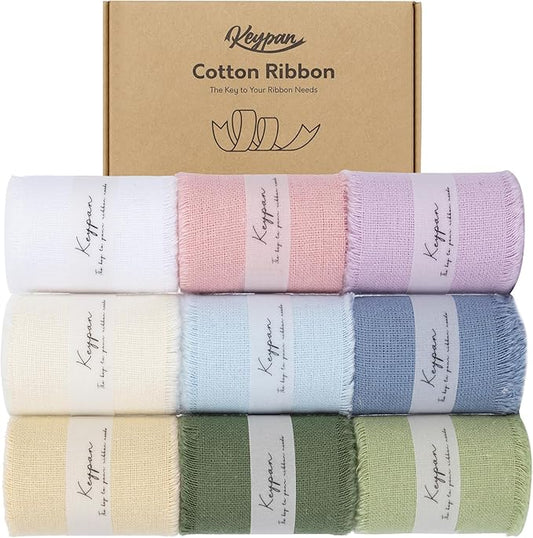 1-1/2" x 18 Yd Cotton Ribbon for Gift Wrapping Wedding Invitations Bridal Flower Bouquets, Mixed Color Fabric Ribbons Set 2 Yards x 9 Rolls