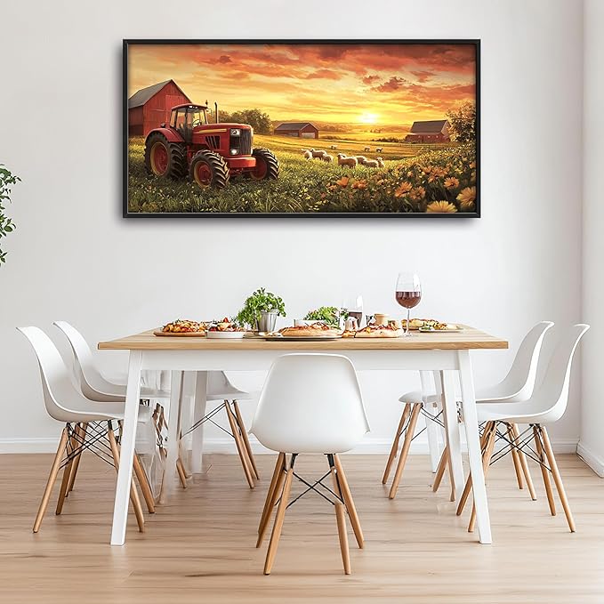 Farmhouse Sunset Large Wall Art Framed Wall Decor for Living Room Rustic Barn Tractor Pictures Oversized Canvas Print Painting Modern Extra Large Framed Artwork for Bedroom Office 60"x30"