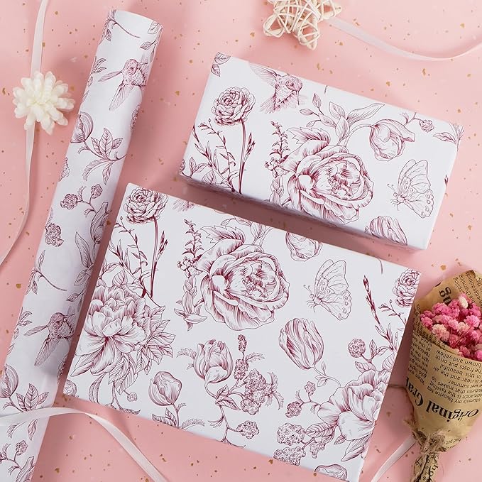 RayofSun Wine Red Floral Wrapping Paper Roll 17 in x 32 ft Mini Roll Vintage Toile Flower Gift Wrap Paper for All Occasion Wedding Birthday Bridal Shower Party Baby Shower Christmas