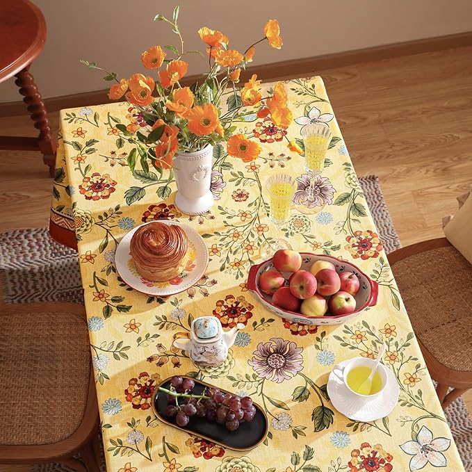Vintage Linen Tablecloth for Rectangle Table,Yellow Floral French Wrinkle Free Long Tablecloths,Decorative Table Cover for Kitchen,Dining,Thanksgiving,Farmhouse,63" × 94"-Bellano