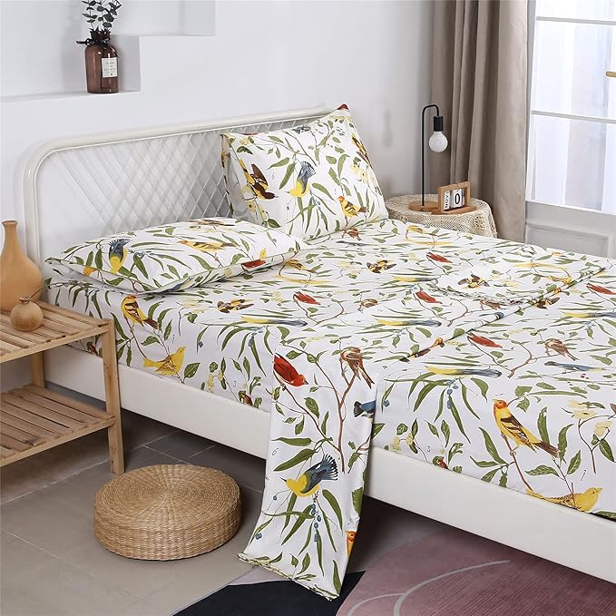 RYNGHIPY Farmhouse Flowers Print Bed Sheet Collection Set Botanical Floral Sheets with Pillowcases (White Green,Full Size)