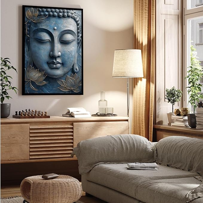 Canvas wall art Golden lotus crown Serene Buddha poster Ethereal blue toned art with delicate floral decor Zen wall art for a tranquil meditation space 8x12in Metal blackFramed
