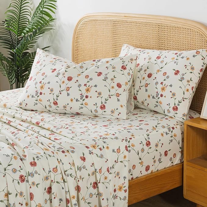 Zusbest Full Size Sheets 100% Percale Cotton Off White Floral Bed Sheet, Brushed for Extra Softness, Breathable Luxury Flannel Sheets Like Pink Flower Print Deep Pocket Bed Set 17.5'' 4 Pcs
