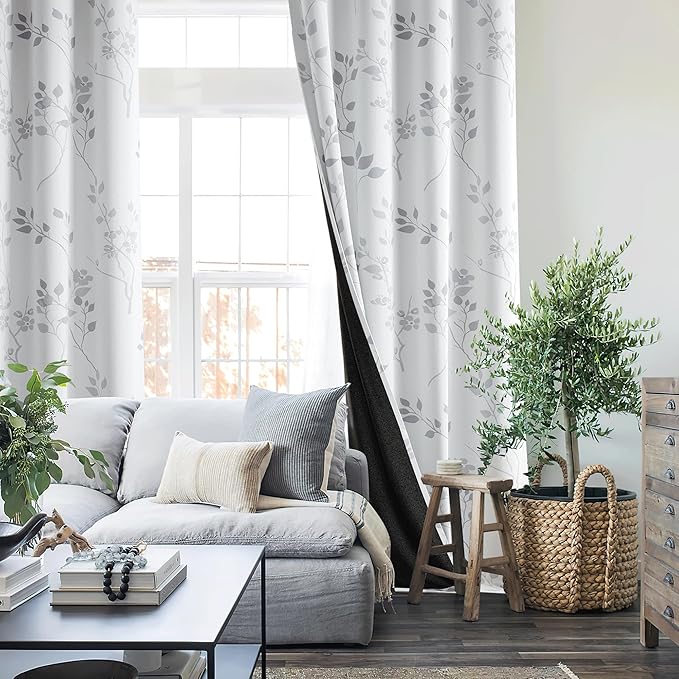 Beauoop Floral 100% Blackout Curtains 90 Inches Long 2 Panels for Bedroom Living Room Grey White Flower Patterned Room Darkening Thermal Insulated Soundproof Grommet Window Treatments Drapes, 52X90