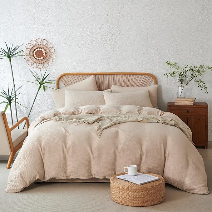 Queen Duvet Cover Set - 3 Piece Luxury Double-Layer Crinkle Gauze Bedding in Beige, All Season Soft Breathable Comfy Microfiber with Zipper Closure