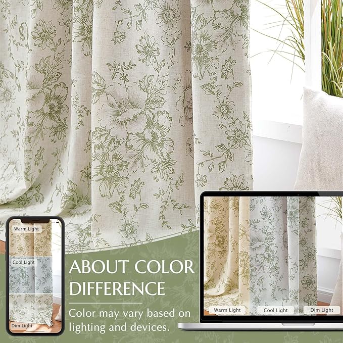 jinachan Blackout Curtains Linen Blend Floral Curtain for Living Room 90 Inch Length Christmas Sage Green Flower Printed with Lined Blackout Drapes for Bedroom Farmhouse Curtains Set 2 Panels