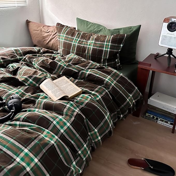 LifeTB Brown Green Plaid Comforter Set Twin XL, Modern Style 3 Pieces Grid Comforter with 2 Pillowcases, Vintage Plaid Checkered Comforter for All Seasons, Breathable Soft Fluffy Gingham Bedding Set