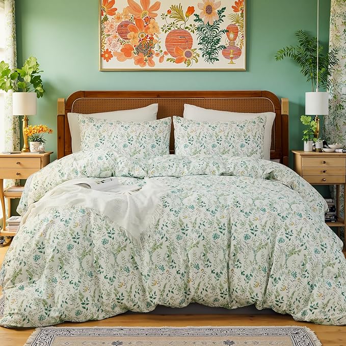 100% Cotton Duvet Cover Sets Queen Size Reversible Green Garden Bedding Sets Duvet Cover Super Soft Comforter Cover with Zipper Closure, Lightweight, Breathable
