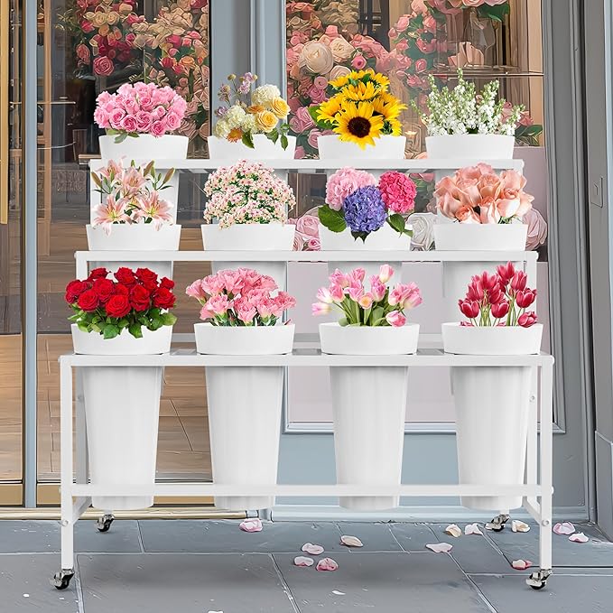 Flower Display Stand with 12 Buckets, Flower Cart White 3 Layers Metal Flowers Bar Stand with Wheels, Moving Florist Bouquet Shelf for Wedding Party Indoor Living Room Outdoor Patio Garden