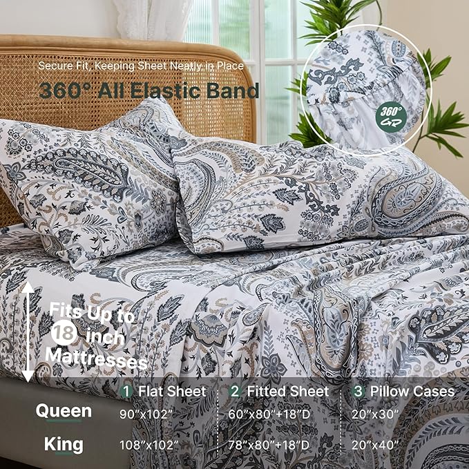 100% Cotton Sheet Set Queen Size – 4-Piece Luxury Grey Paisley Bedding Set, Extra Soft Breathable Percale Weave, Deep Pocket Fitted Sheet 17.5", Crisp Cool Feel Bed Sheet