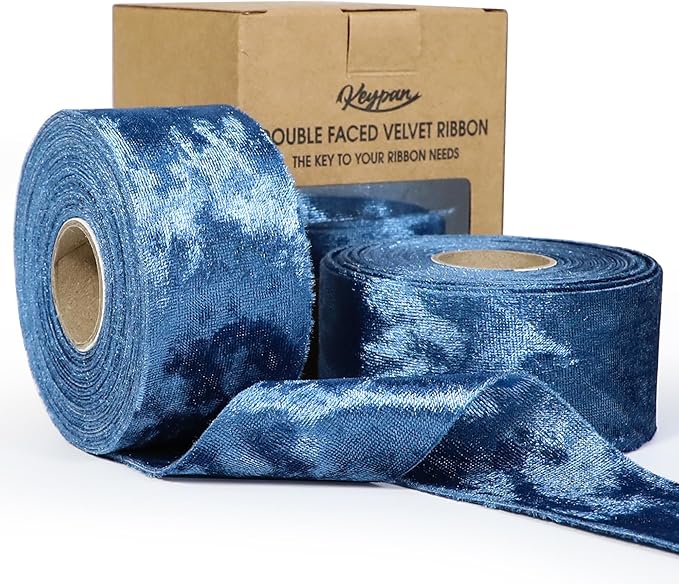 Velvet Ribbon Blue 1-1/2 inch Wide Double-Sided Glossy Fabric Ribbons for Christmas Tree Decor Gift Wrapping Flower Bouquet DIY Crafts 10Yd