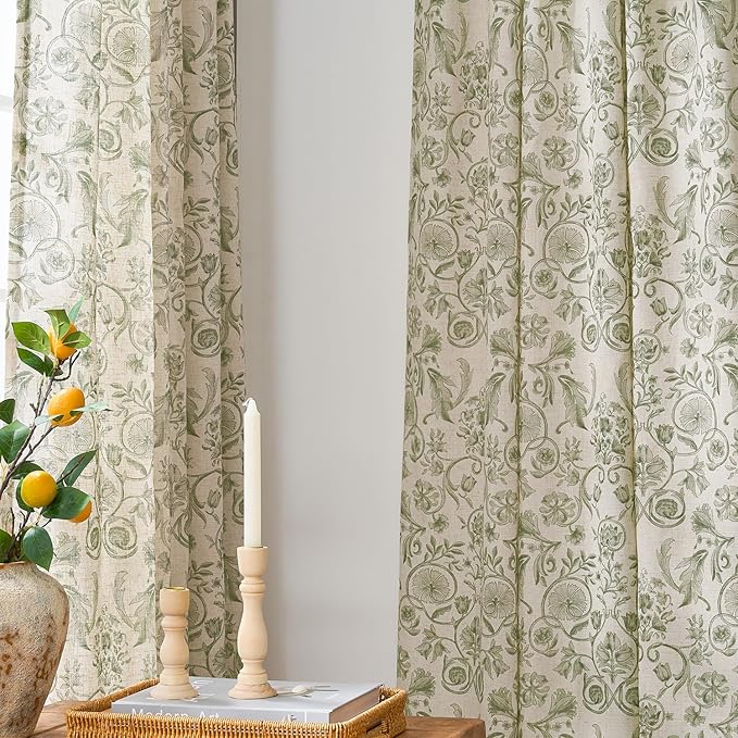jinchan Linen Floral Curtains for Living Room with Printed Flower 63 Inches Long Light Filtering Farmhouse Window Treatment Vintage Short Drapes Back Tab Rod Pocket 2 Panels Green on Beige