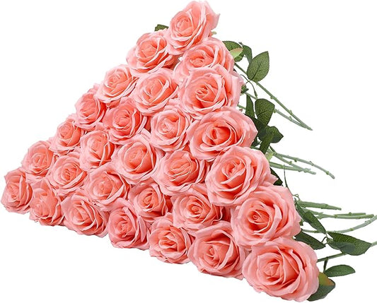 30pcs Artificial Rose Flower Coral Peach Flower with Long Stem Silk Roses Bouquet for Wedding Bridal Shower Party Home Decoration