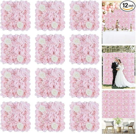 FOTSHARER Pink Flower Wall Backdrop 12 Pack 3D Flower Wall Panel 15'' x 15'' Silk Rose Floral Walls Artificial Flower Panels for Backdrop Floral Wedding Background for Bridal Shower Party Events