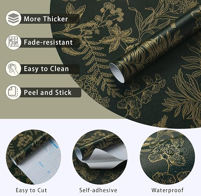 Dark Green and Gold Wallpaper Floral Peel and Stick Wallpaper Vintage Flower and Leaf Contact Paper for Cabinets Self-Adhesive Removable Wallpaper for Bedroom Bathroom Kitchen 118"x17.3"