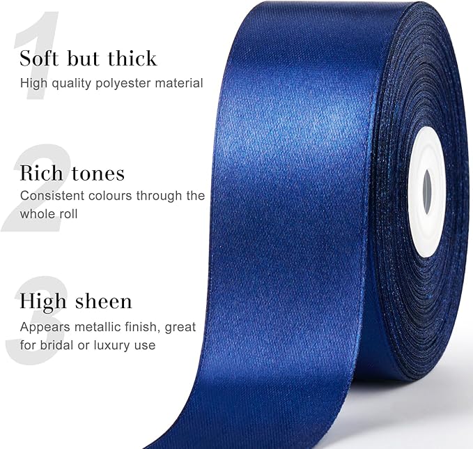 1-1/2 Inches 50 Yards Dark Blue Satin Ribbon, Solid Fabric Ribbon Roll for Flower Bouquets, Gift Wrapping, Wedding, Handmade Crafts
