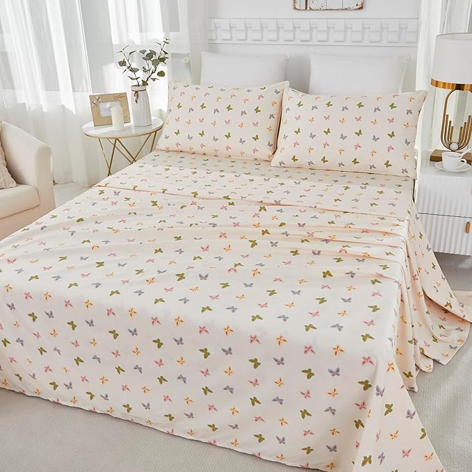 Brandream Sheet Set Butterfly Bed Sheets for King Size Bed, Women Girls Sheets Deep Pockets, Garden Butterfly Farmhouse Style 4 Pieces
