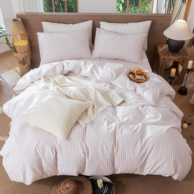 MooMee Striped Duvet Cover Set 100% Washed Cotton Linen Like Textured Breathable Durable Soft Comfy (Heathered Greyish Pink Classic Stripes, King 104"x90")