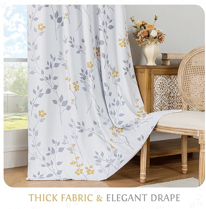Beauoop Floral 100% Blackout Curtains 84 Inches Long 2 Panels for Bedroom Living Room Yellow Grey and White Flower Patterned Room Darkening Thermal Soundproof Rod Pocket Back Tab Window Drapes, 52X84