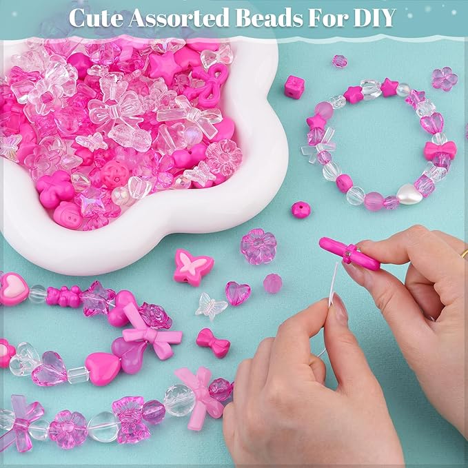 Assorted Acrylic Beads, 200-260PCS Rose Pink Cute Beads for Bracelet Making, GummyBear Bow Flower Kawaii Charms for Jewelry Making DIY Necklace Keychain Phone Charm Christmas Gift