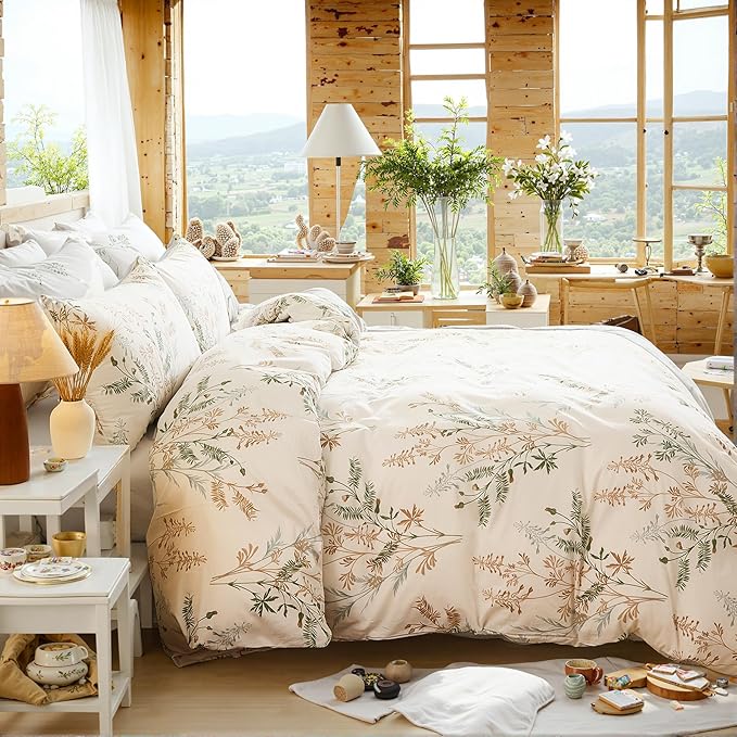 100% Cotton Duvet Cover King Size Ultra Soft Green Floral Comforter Cover with Luxurious Tan & Green Leaves on White, Reversible Lightweight Floral Duvet Cover Sets