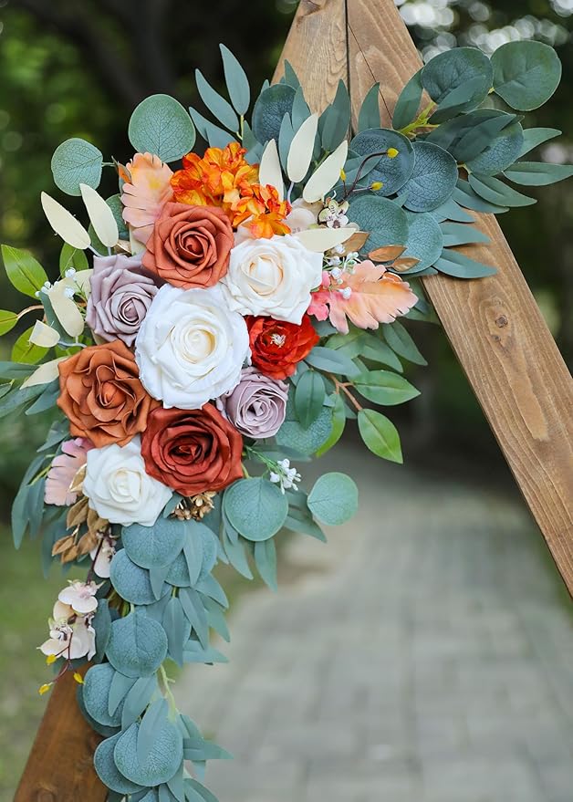 Burnt Orange Wedding Arch Flowers, Artificial Flowers for Wedding Welcome Signs and Autumn Weddings Reception Ceremony Decoration, Fall Flowers Decor (Set of 2)
