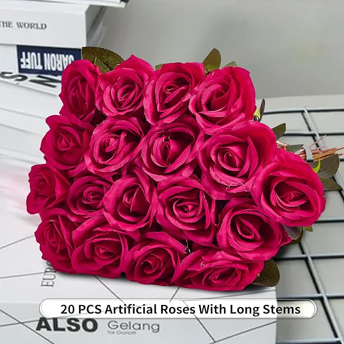 20PCS Artificial Roses with Long Stems - Realistic Silk Flowers, Fake Roses Real Touch Bouquet Roses for Home Decor, Bridal Wedding Table Centerpieces, Faux Rose Flowers (Hot Pink&Pink)