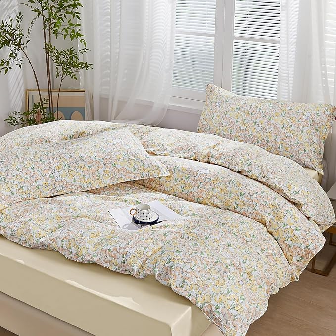 SAPHREAS Iris Floral Duvet Cover Full Botanical Orange Floral Green Leaves Pattern Comforter Set Cute Bear Duvet Cover Lightweight Soft Microfiber 3pcs 1 Duvet Cover 2 Pillow Shams