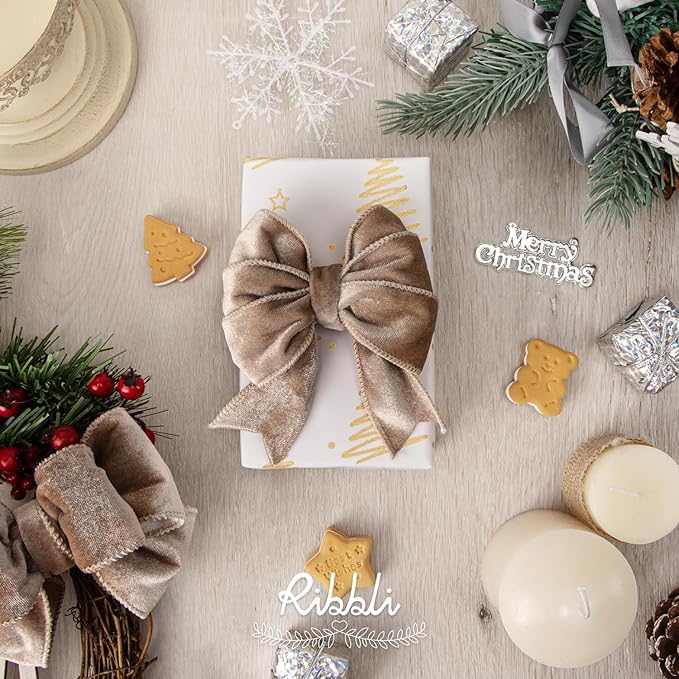 Ribbli Camel Velvet Wired Ribbon 2.5 Inch Velvet with Satin Christmas Ribbon for Gift Wrapping Christmas Tree Decoration Crafts Wreaths Supplies-Continuous 10 Yards