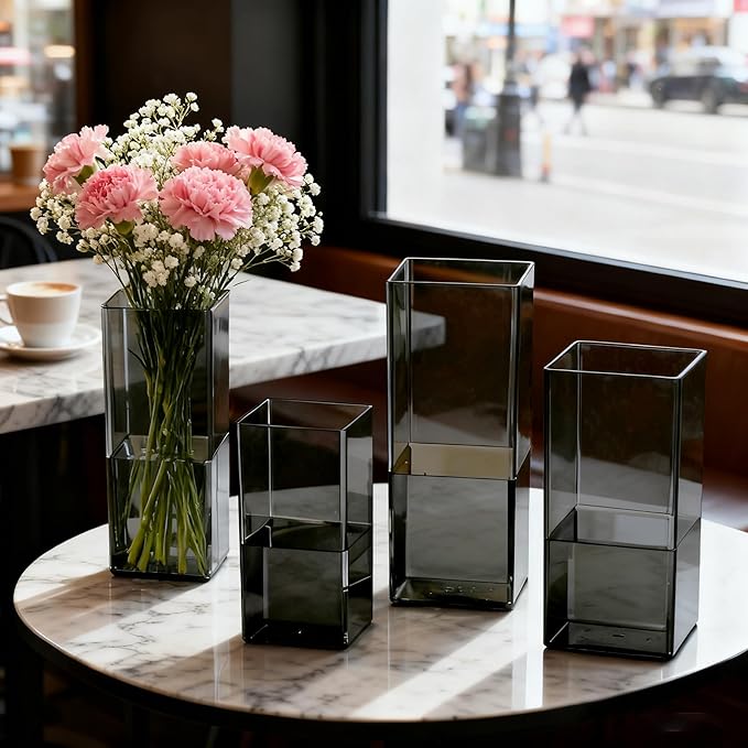 Acrylic Square Flower Vase, Non-breakable Vase, 5" x 5" x 12" Tall Grey Vases for Flower, Large Cube Floral Plant Container, Planter Terrarium for Wedding Party Event, Home Office Decor