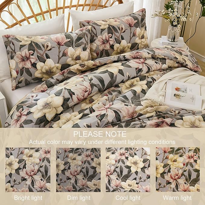 Bedding_Dreamer Floral Comforter Set Queen, 100% Cotton, Elegant Flowers Botanical Bedding Set Colorful Watercolor Cute Flower and Leaves Shabby Chic Cottage, 4 Pcs