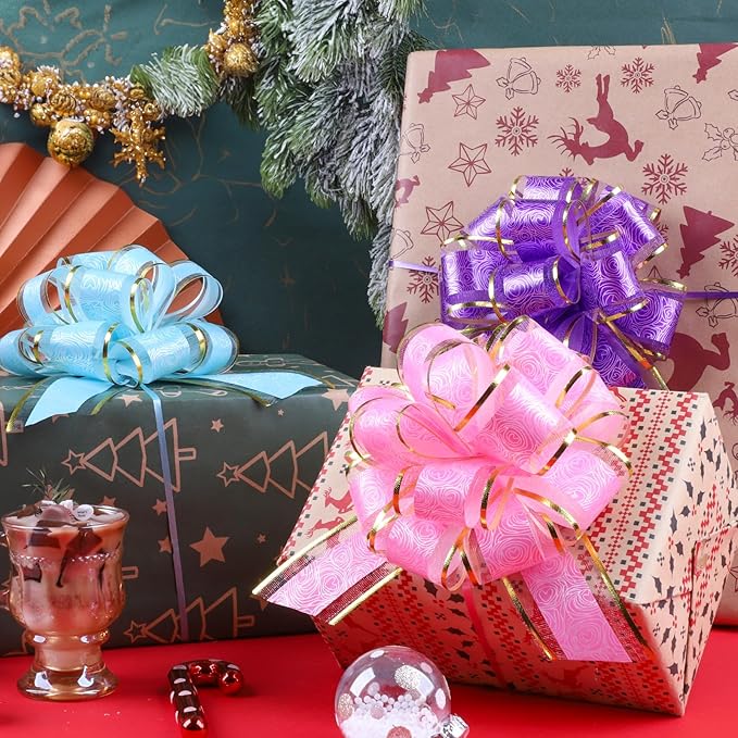 12 Pieces Mixed Color Pull Bow Wrapping Pull Bow Ribbon Pull Bows for Wedding Baskets,6 Inches Diameter Gift Bows, Large Bows for Presents (Style3, 12Pcs)
